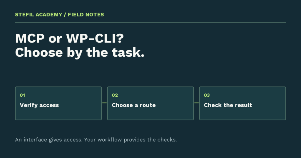 WordPress workflow diagram: verify access, choose MCP or WP-CLI, then check the result.